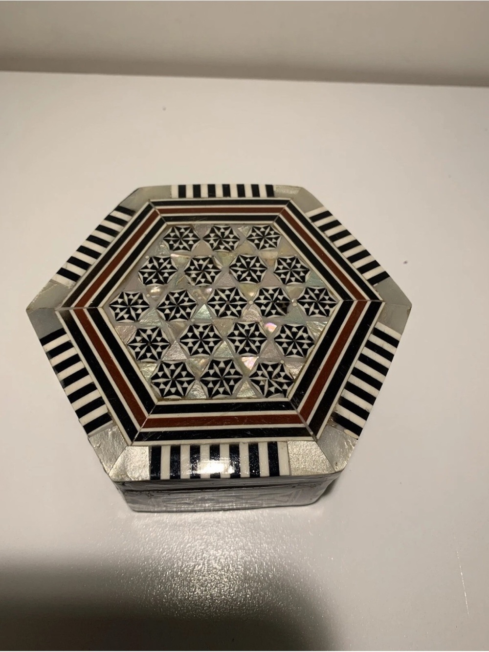 Hexagonal Inlay Trinket Box - Black, White & Brown